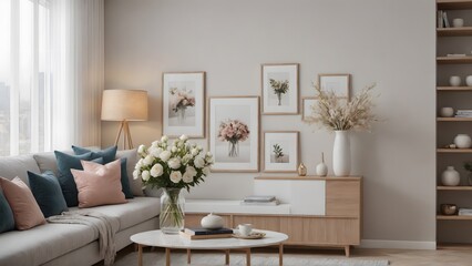 An empty modern living room with a stylish furniture set and picture frames on the wall 3d illustration template image.