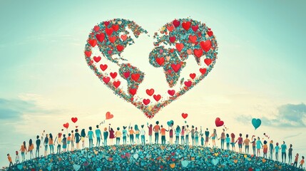 Obraz premium A vibrant scene depicting a heart made of flowers above a diverse crowd, symbolizing love and unity across the globe. World Heart Day global community.