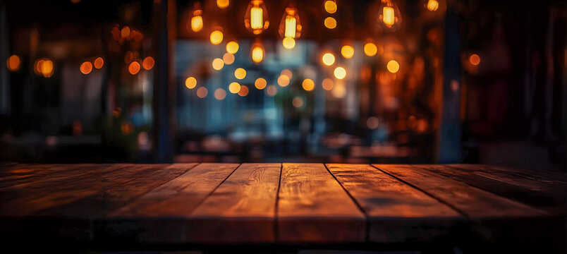 Una mesa de madera oscura con un fondo difuminado del interior de un bar o cafeter&iacute;a por la noche, iluminado por bombillas Edison antiguas. El primer plano tiene un efecto de luz de destellos que crea