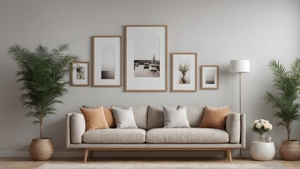 An empty modern living room with a stylish furniture set and picture frames on the wall 3d illustration template image.