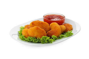 Tasty chicken nuggets with chili sauce and lettuce isolated on white