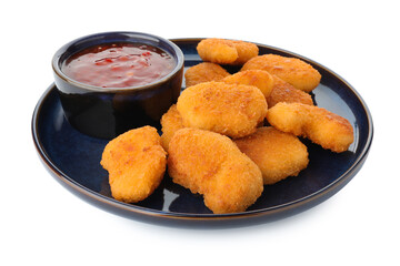 Tasty chicken nuggets with chili sauce isolated on white