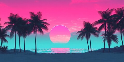 Obraz premium Vice City Synthwave - Retro Aesthetic with Palm Trees and Tropical Sunset in Pink and Blue