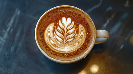 A visually stunning cup of latte coffee, featuring an intricate crema leaf design on its frothy top, resting on a sleek, dark-colored surface, exemplifying barista skills.