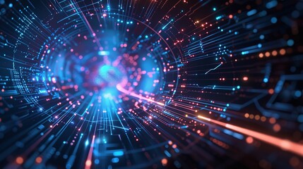Abstract tech background featuring illuminated fiber optic connections, a quantum computing network system, and global electronic intelligence.