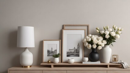 Obraz premium An empty modern living room with a stylish furniture set and picture frames on the wall 3d illustration template image.