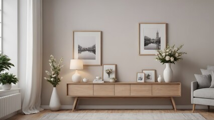 Fototapeta premium An empty modern living room with a stylish furniture set and picture frames on the wall 3d illustration template image.