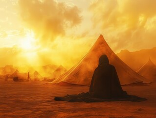Bedouin tent, Arabian desert, nomadic life close up, focus on, copy space golden hues, Double exposure silhouette with tent