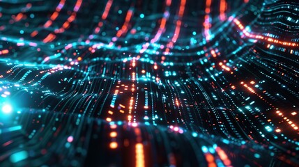 Obraz premium Abstract tech background featuring illuminated fiber optic connections, a quantum computing network system, and global electronic intelligence.