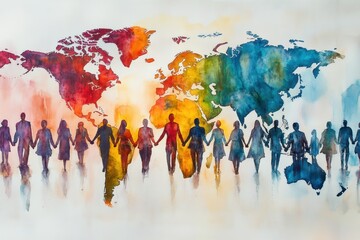 A vibrant watercolor illustration of a world map with diverse figures holding hands, symbolizing unity and global connection