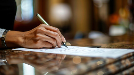 Fototapeta premium Close-up of a guest signing a check-in form at the hotel's front desk, with a pen poised over the paper