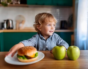 Fototapeta premium Beautiful, blond, smiling boy sitting alone at the kitchen table. Healthy food and junk food in front of him. Concept of choice for a healthy life, right from childhood.