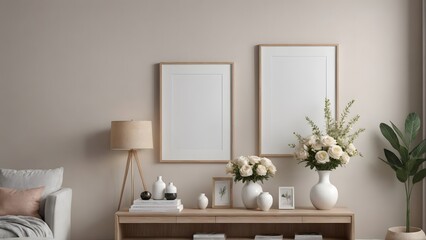 An empty modern living room with a stylish furniture set and picture frames on the wall 3d illustration template image.