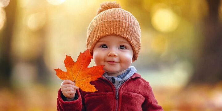 Handsome baby boy in the fall season autumn landscape sunny day, trees and leaves background, holding colorful maple leaf