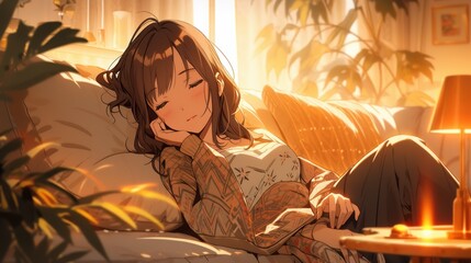 A serene scene depicting a young woman relaxing on a couch, bathed in warm sunlight, surrounded by cozy decor and plants, evoking a sense of calm and tranquility