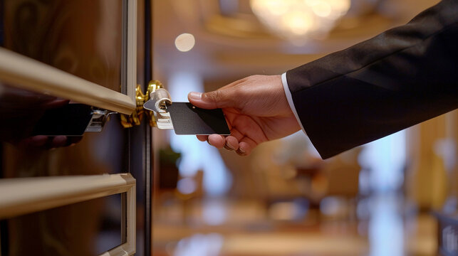 Close-up of a hotel guest swiping their key card to enter their room, with a focus on the key card and door handle
