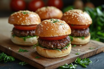 Slider Burger. American Cheeseburger Sliders with Beef, Cheese, and Tomato on Bun
