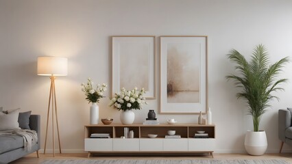 Close up view of the wooden console with other decorative items, photo frames and flowers interior 3d illustration image.