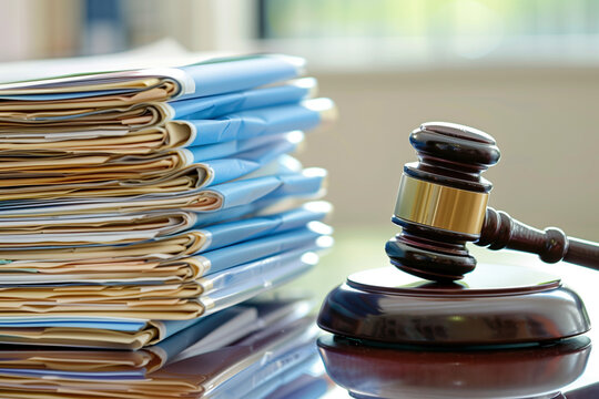 A judge's gavel placed beside a large stack of folders and documents on a reflective desk, highlighting the themes of law, order and the busy nature of legal proceedings