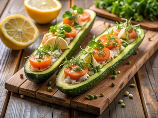 Freshly baked zucchini boats overflowing with a savory blend of smoked salmon, cream cheese, and dill, garnished with lemon slices and microgreens on a rustic wooden platter.