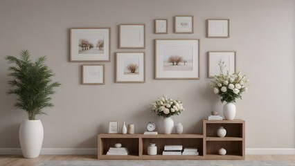Close up view of the wooden console with other decorative items, photo frames and flowers interior 3d illustration image.