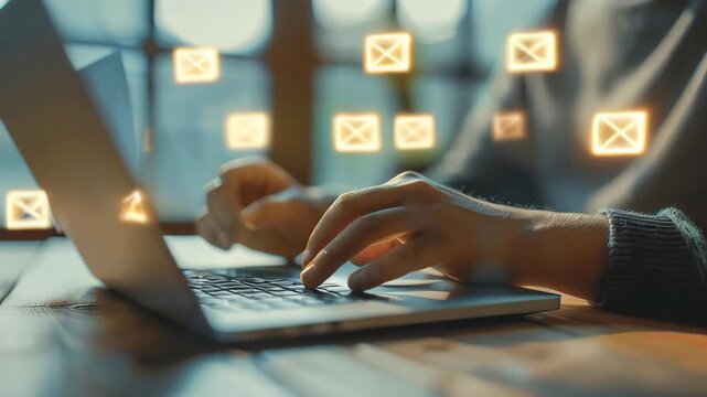 A person types on a laptop with many email icons floating above the laptop Concept of a busy workday