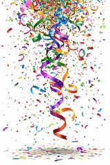 Colorful confetti and curled ribbons falling on white background.