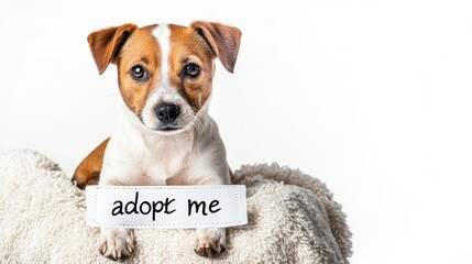 Pet adoption concept with staffordshire terrier dog. Funny pitbull terrier holds "i was adopted" sign in studio background