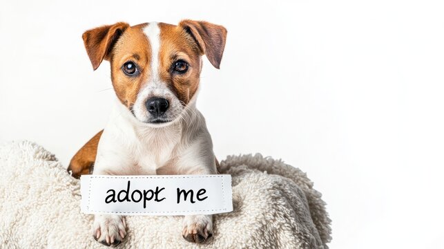 Pet adoption concept with staffordshire terrier dog. Funny pitbull terrier holds "i was adopted" sign in studio background