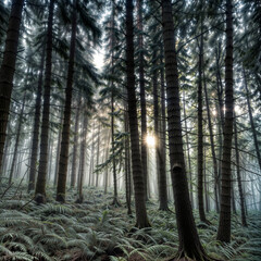 Naklejka premium Forest with mist in the morning 아침에 안개가 낀 숲