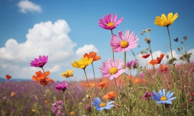 Fototapeta premium A field of flowers with a bright blue sky in the background generative AI illustration