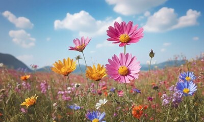 Fototapeta premium A field of flowers with a bright blue sky in the background generative AI illustration