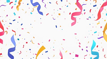 Colorful confetti and ribbons falling on a white background.