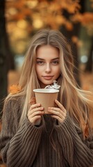 Handsome beautiful girl model in the fall season on the autumn landscape, trees and leaves background, with hot paper glass of coffee in her hands