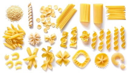 Variety of Dried Pasta Shapes on White Background