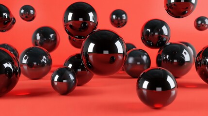   A collection of glossy black and scarlet spheres against a backdrop of scarlet and pink, featuring a single scarlet ball in the center