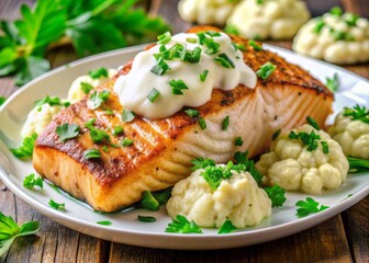 Freshly grilled salmon fillet served atop a bed of roasted cauliflower florets, drizzled with a creamy tahini dressing and garnished with fresh parsley leaves.