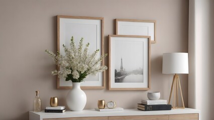 A close up living room interior with an empty mock-up poster frame on the wall, wooden console with a few decorative items and flowers interior 3d illustration image.