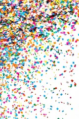 Colorful confetti falling on a white background.
