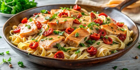 Vibrant roasted red pepper pasta dish loaded with tender salmon, sun-dried tomatoes, fresh parsley, and creamy sauce, perfect for a flavorful dinner.