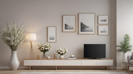 A close up living room interior with an empty mock-up poster frame on the wall, wooden console with a few decorative items and flowers interior 3d illustration image.