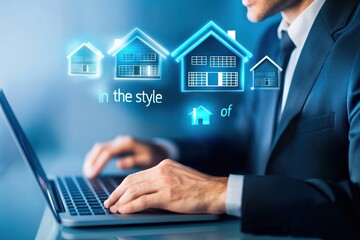 Businessman Working on a Laptop with Home Icons
