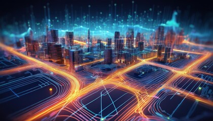 Futuristic abstract city model showcasing GIS geodata mapping concept