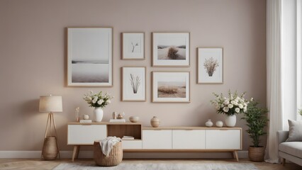 A close up living room interior with an empty mock-up poster frame on the wall, wooden console with a few decorative items and flowers ai generated interior image.
