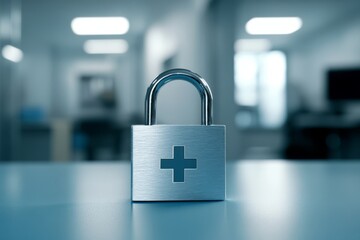 Fototapeta premium The padlock icon represents the crucial significance of ensuring healthcare data security within hospitals, thereby providing the essential protection and privacy of sensitive patient information