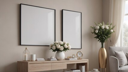 A close up living room interior with an empty mock-up poster frame on the wall, wooden console with a few decorative items and flowers ai generated interior image.