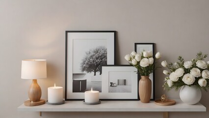 A close up living room interior with an empty mock-up poster frame on the wall, wooden console with a few decorative items and flowers ai generated interior image.