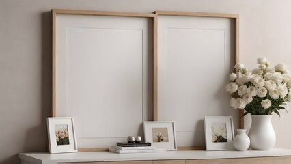A close up living room interior with an empty mock-up poster frame on the wall, wooden console with a few decorative items and flowers ai generated interior image.