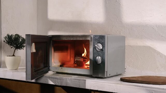Man extinguishing microwave oven on fire in kitchen by pouring water on electrical appliance.