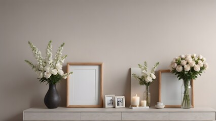 A close up living room interior with an empty mock-up poster frame on the wall, wooden console with a few decorative items and flowers ai generated interior image.